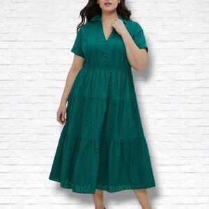 ELOQUII Elements Green Short Sleeve Tiered Eyelet Collared Midi Dress Size 20